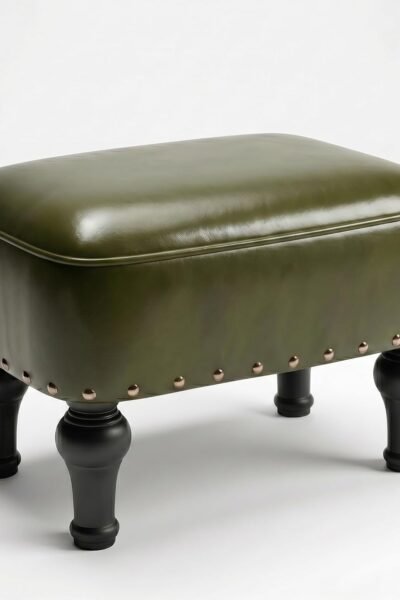 Leather ottoman footrest, vintage style with hidden storage, thickened foam seat, solid wood legs, for dining room living room.