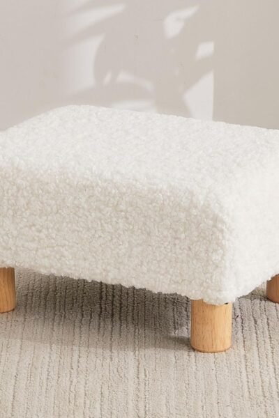 Sherpa footstool ottoman, soft furry rectangular footrest for couch, small size for living room entryway and bedroom.