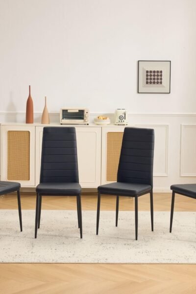 Dining chairs set of 4, PU leather upholstery, high back, padded seats, foot cap protection, 300lbs capacity, space-saving, for dining and kitchen.