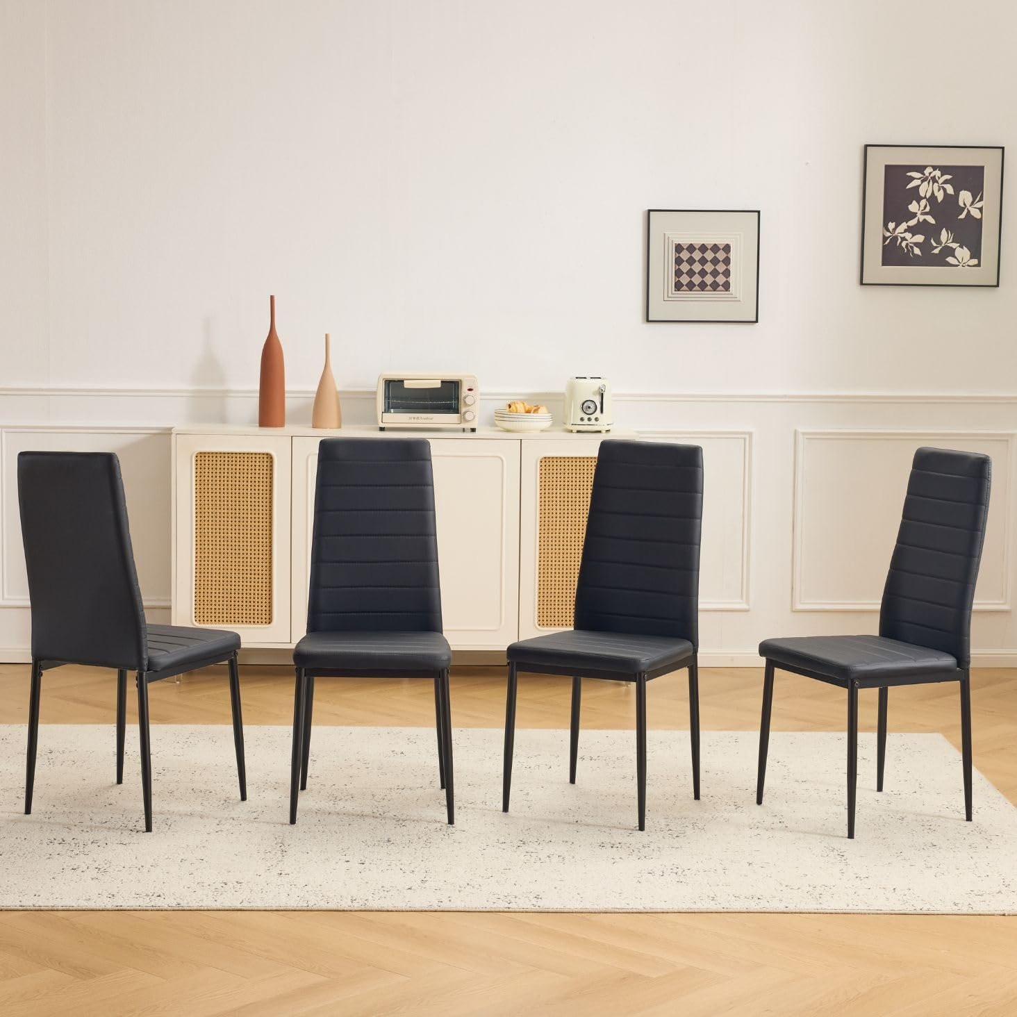 Dining chairs set of 4, PU leather upholstery, high back, padded seats, foot cap protection, 300lbs capacity, space-saving, for dining and kitchen.