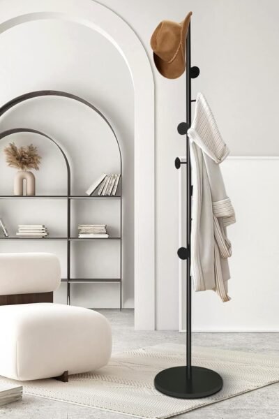 Metal coat rack tree with 8 hooks, free standing hanger for hats scarves purses umbrellas, coat stand with stable base for entryway, bedroom.
