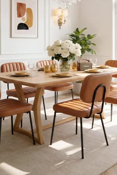 Dining chairs set of 6, faux leather cushion seat, metal legs and backrest, mid-century modern, for kitchen, living room, home office.