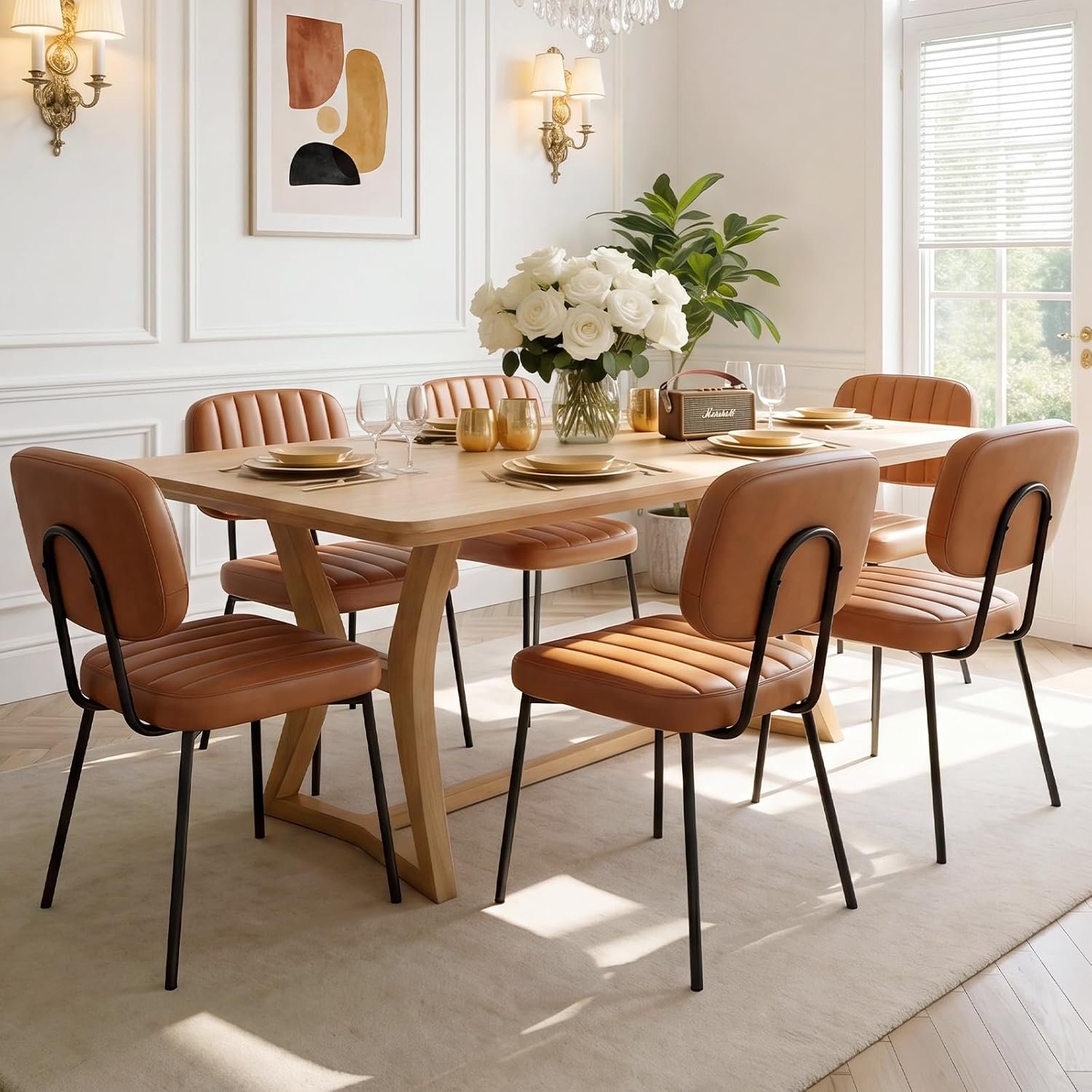 Dining chairs set of 6, faux leather cushion seat, metal legs and backrest, mid-century modern, for kitchen, living room, home office.