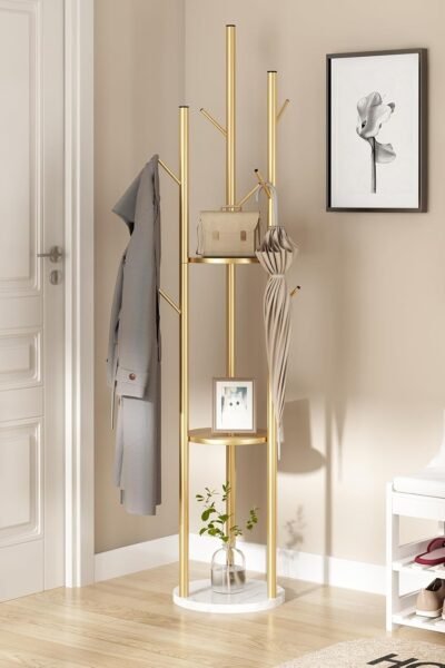 Gold metal coat rack freestanding with shelves and marble base, coat tree with 9 hooks for scarves, bags, modern coat rack stand for entryway, living room, bedroom, easy assembly.