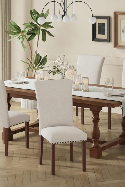 Dining chairs set of 4, upholstered linen, high back, for round kitchen table or small dining room.