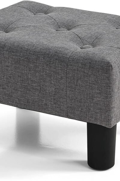 Small foot stool with legs, linen upholstered, stable construction for living room, gray.