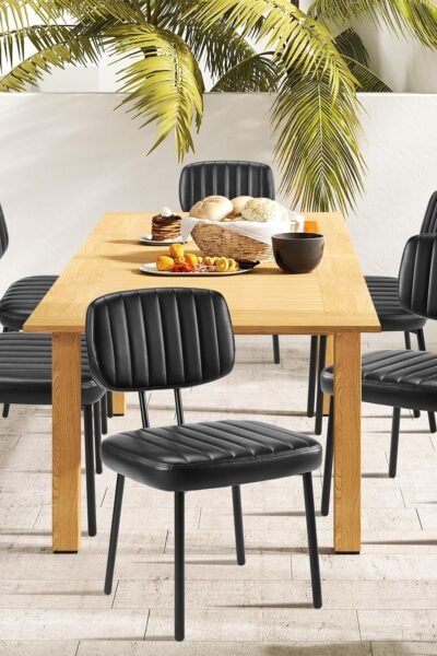 Dining chairs set of 2, PU leather upholstered, mid-century style, metal legs and backrest, for kitchen, dining, living room.