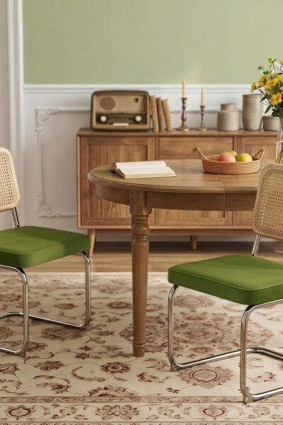 Dining chairs set of 2, rattan and velvet upholstery, wood cane backrest, chrome base, mid-century modern, for dining room and kitchen.