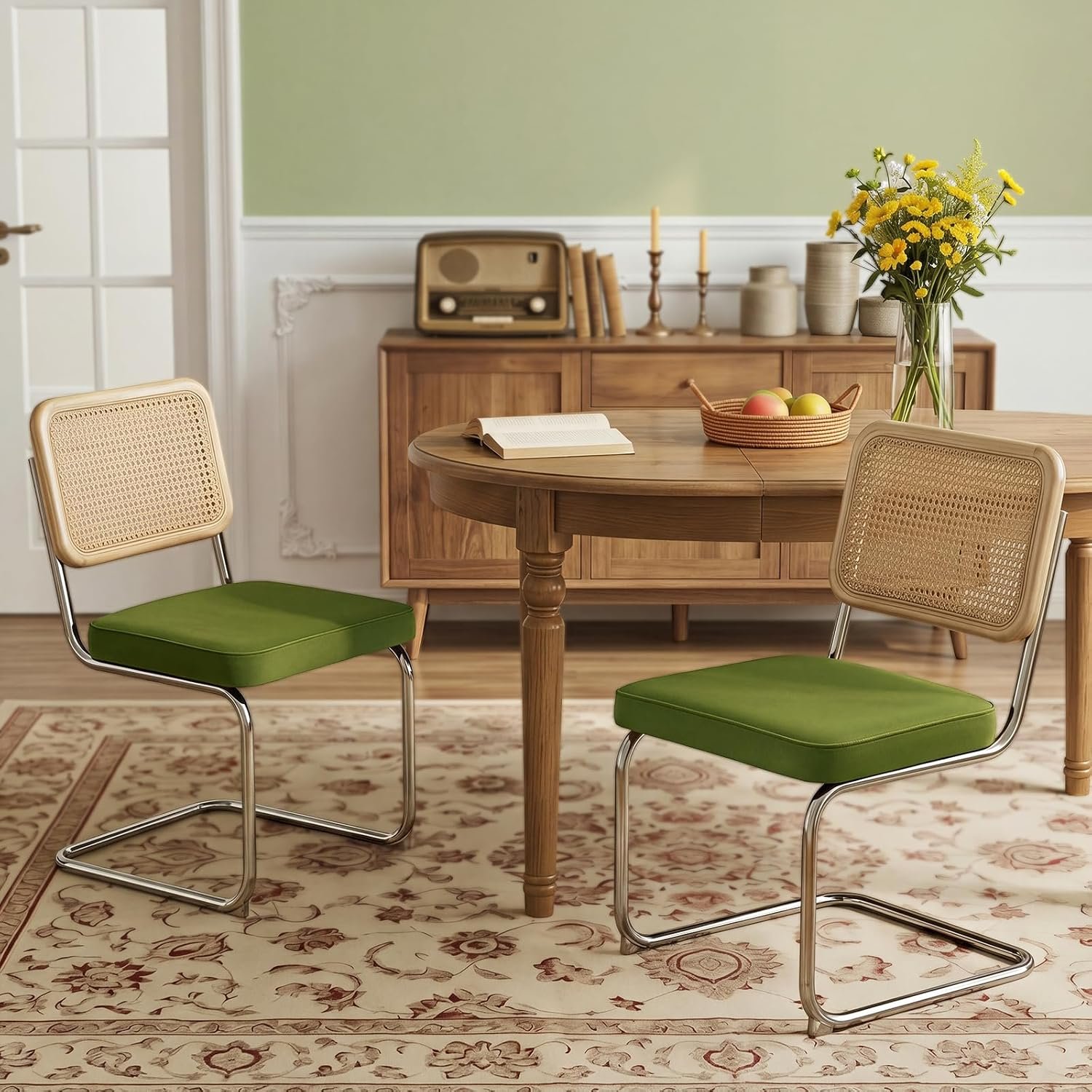 Dining chairs set of 2, rattan and velvet upholstery, wood cane backrest, chrome base, mid-century modern, for dining room and kitchen.