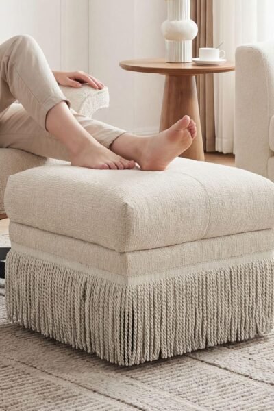 Upholstered ottoman footstool with fringe skirt, tufted soft padded footrest, boho tassel accent stool for living room bedroom.