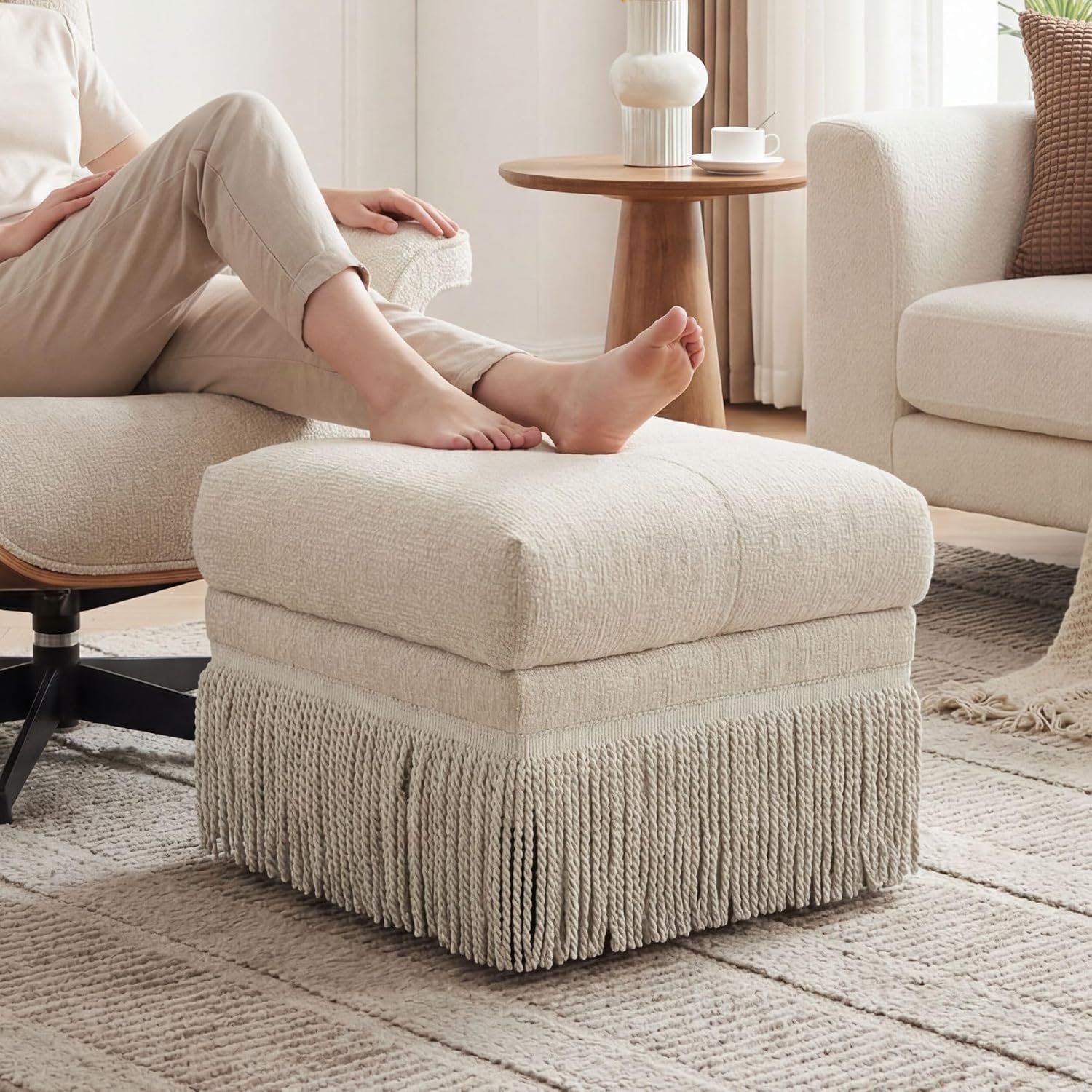 Upholstered ottoman footstool with fringe skirt, tufted soft padded footrest, boho tassel accent stool for living room bedroom.
