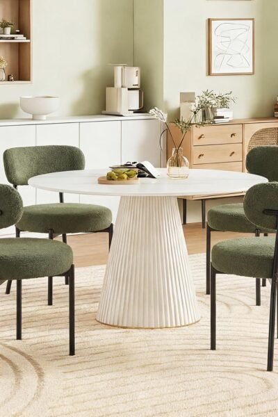 Dining chairs set of 2, round upholstered curved backrest, metal legs, mid-century modern, green finish, for kitchen, vanity, living room.
