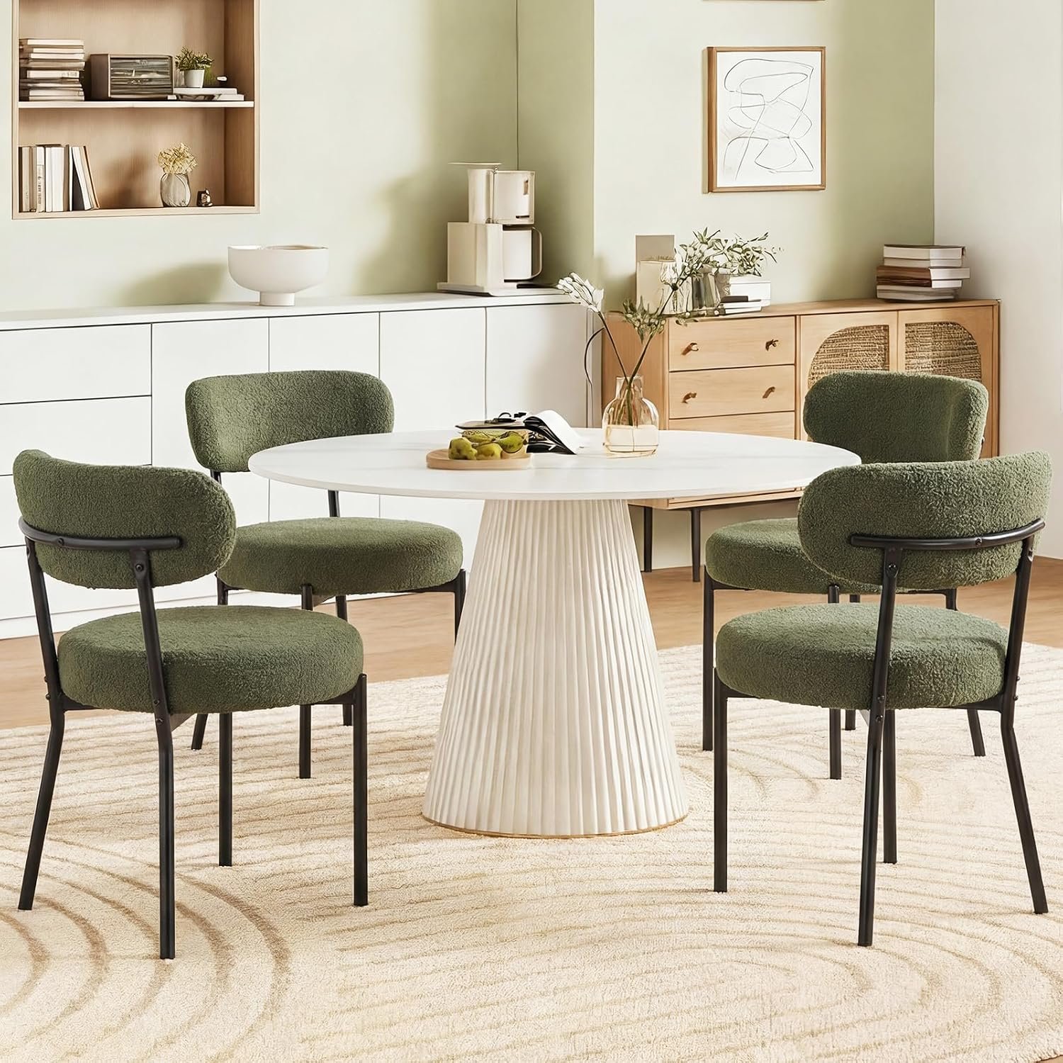 Dining chairs set of 2, round upholstered curved backrest, metal legs, mid-century modern, green finish, for kitchen, vanity, living room.
