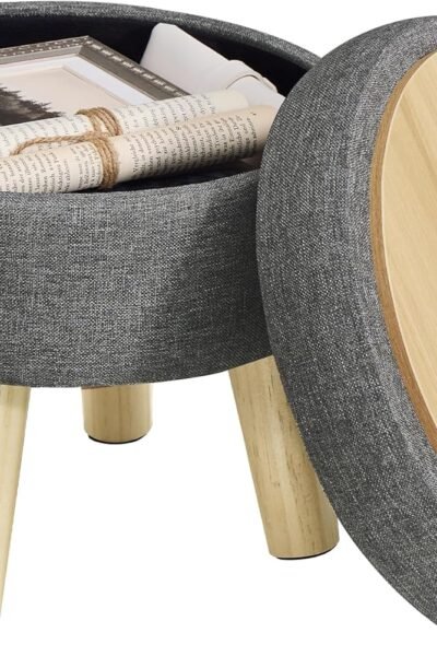 Storage ottoman foot stool, wood legs, small table for hallway living room, linen-look fabric.