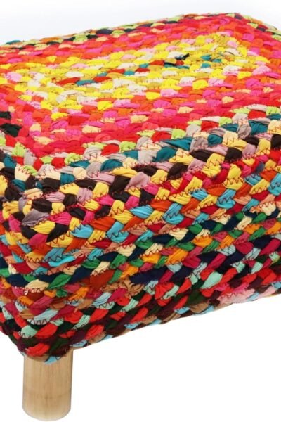 Braided cotton rag rug footrest, handmade boho leg rest with sturdy wood legs, small spaces under desk living room office.