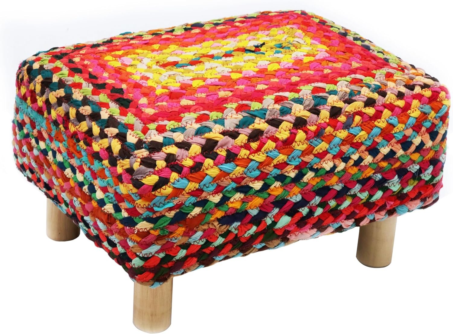 Braided cotton rag rug footrest, handmade boho leg rest with sturdy wood legs, small spaces under desk living room office.