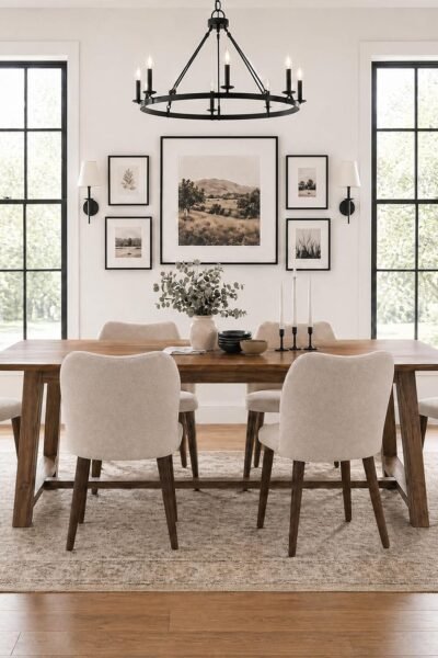 Dining chairs set of 6, upholstered fabric, curved back, padded seat, solid wood legs, for kitchen and dining room.