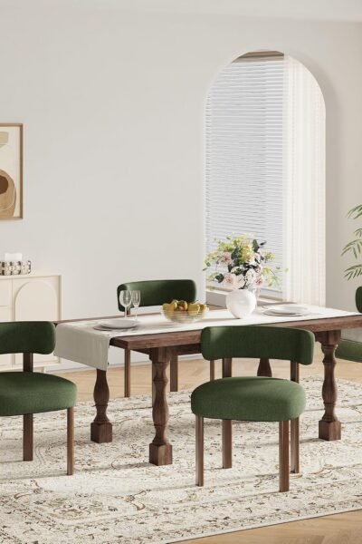Dining chairs set of 4, upholstered kitchen chairs, solid wood legs, ergonomic curved backrest, mid-century modern, green finish.