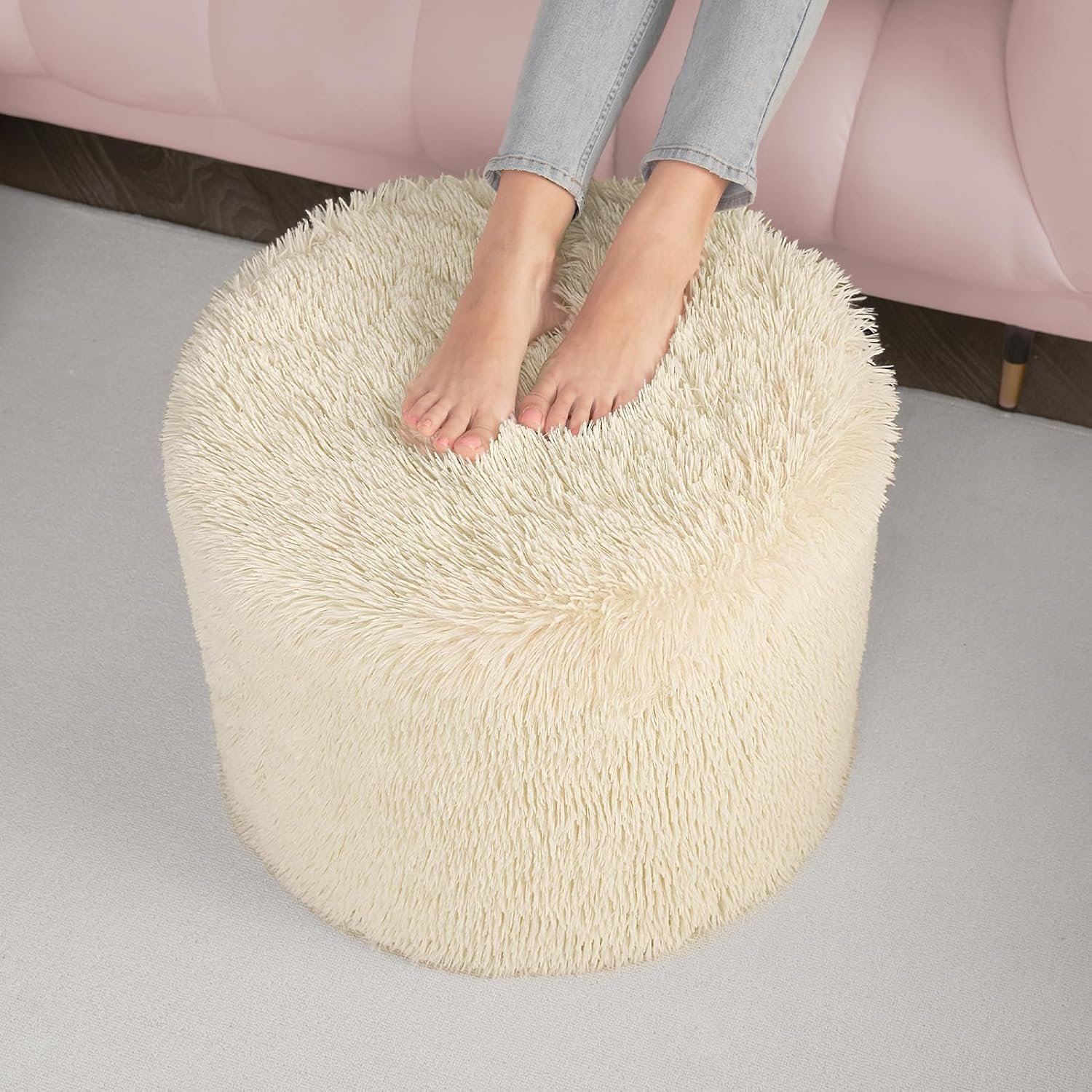 Round pouf ottoman foot rest, high-density one-piece foam, firm and stable, machine washable cover, for couch bedroom living room.