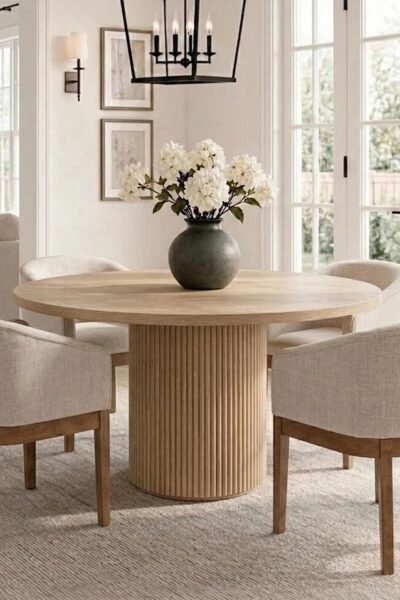 Dining chairs set of 4, mid-century modern, upholstered linen, arms, solid wood frame, for kitchen, dining room, apartment.