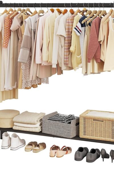 Garment rack clothing clothes rack for organizing, metal, with bottom shelf for hanging clothes coats skirts shirts sweaters.