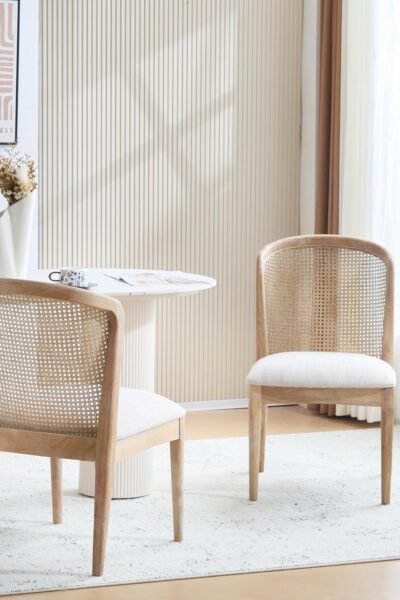 Dining chairs set of 2, fabric upholstery, rubberwood frame, cane webbing, for dining room.