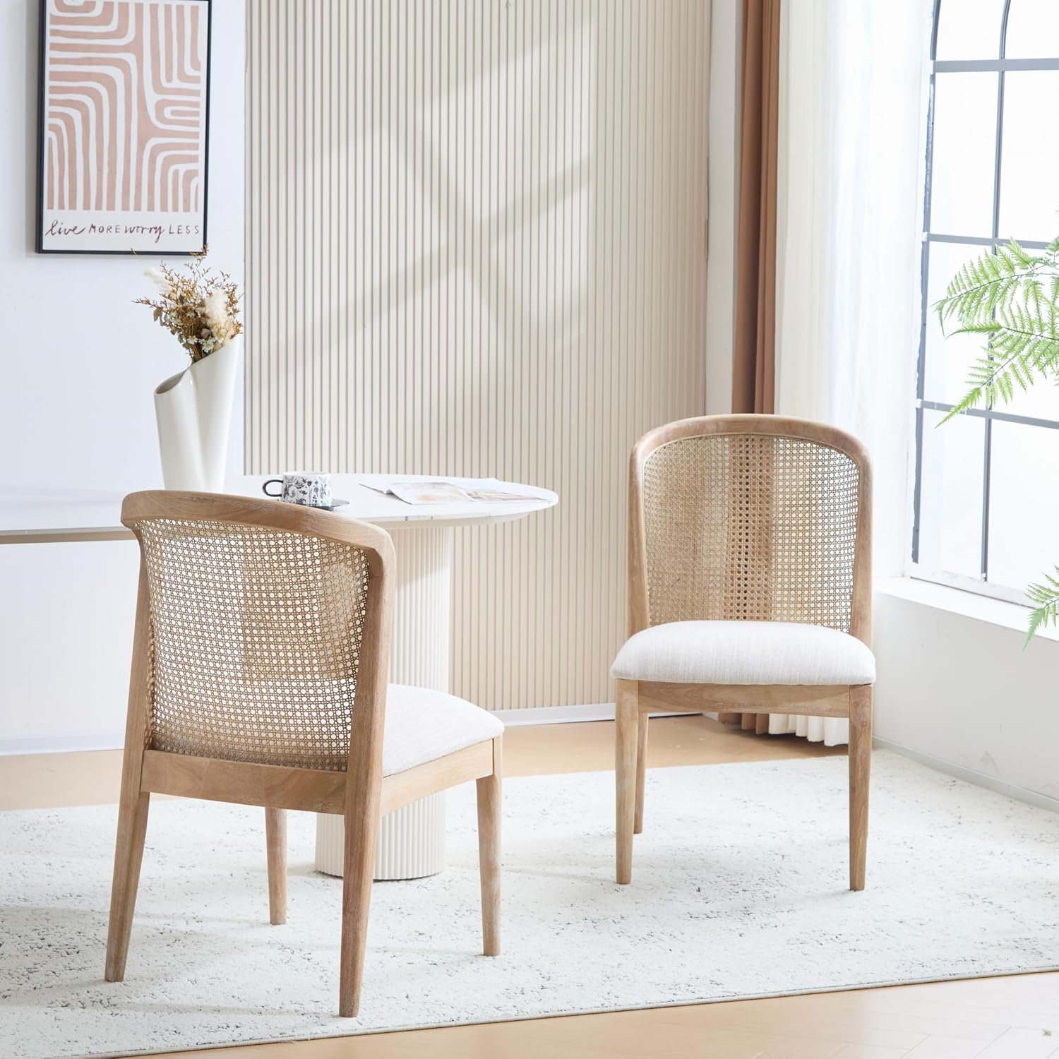 Dining chairs set of 2, fabric upholstery, rubberwood frame, cane webbing, for dining room.