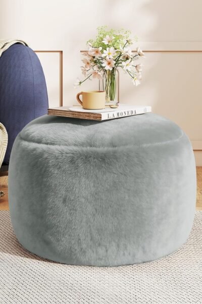 Round stuffed pouf ottoman, faux fur with memory foam filling, soft foot stool for living room nursery dorm.