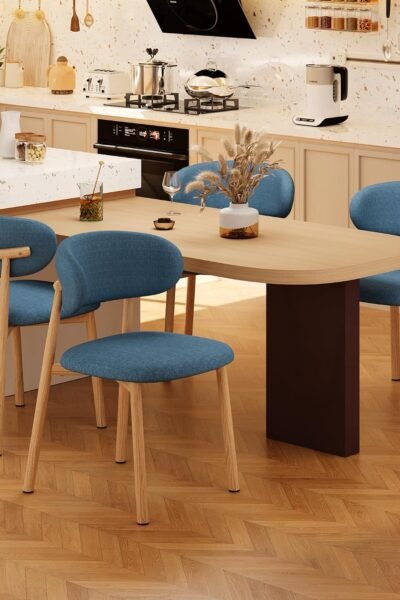 Dining chairs set of 4, soft linen upholstered, metal legs, farmhouse style, for kitchen and dining room.
