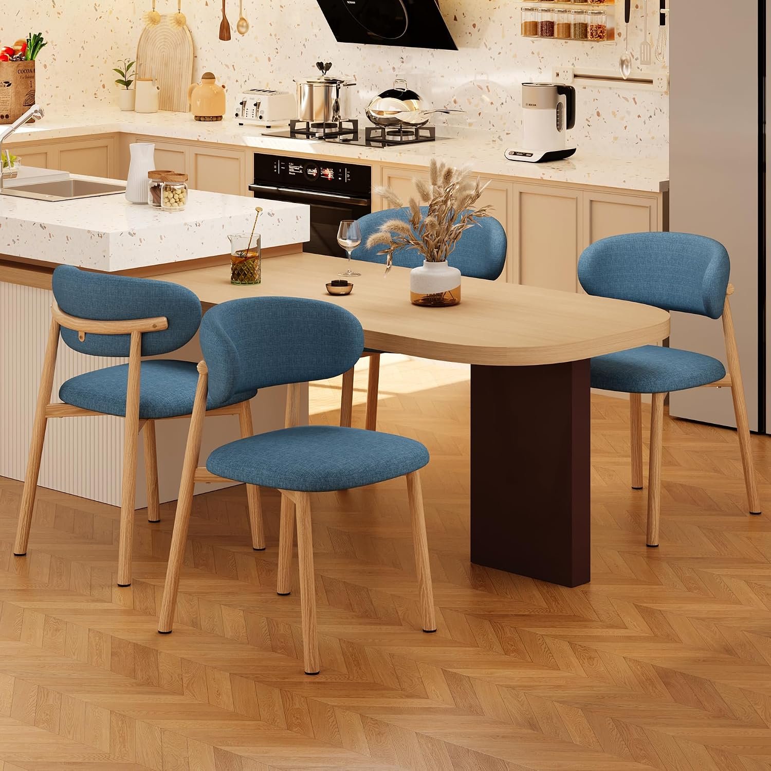 Dining chairs set of 4, soft linen upholstered, metal legs, farmhouse style, for kitchen and dining room.