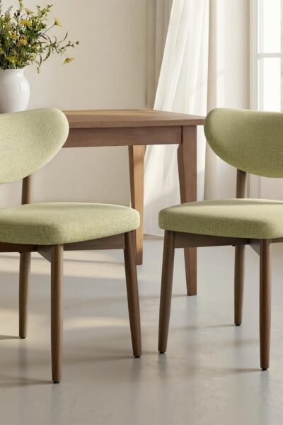 Dining chairs set of 2, upholstered kitchen chairs, solid wood legs, ergonomic curved backrest, built-in handle, mid-century modern, sage green finish.