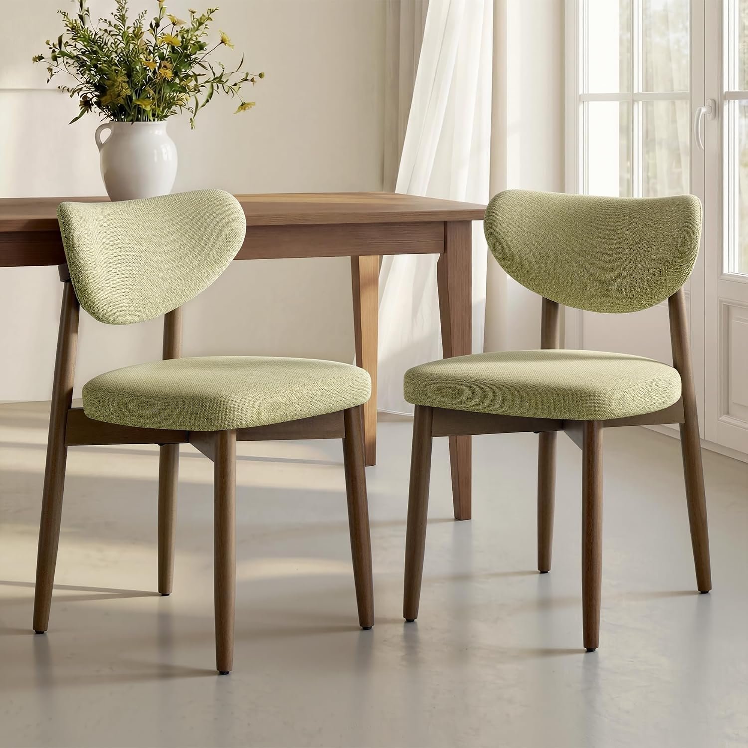 Dining chairs set of 2, upholstered kitchen chairs, solid wood legs, ergonomic curved backrest, built-in handle, mid-century modern, sage green finish.