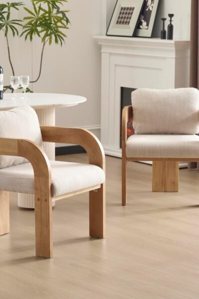 Dining chairs set of 2, solid wood frame, cushioned seat, curved backrest, armchair design, for dining room and living room.
