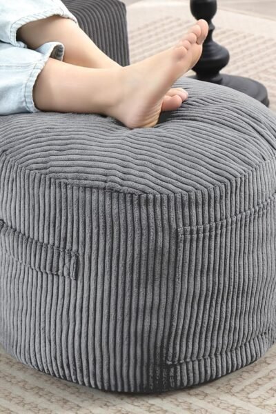 Round stuffed pouf ottoman, corduroy foot rest, rebound foam filling, furry foot stool for living room.
