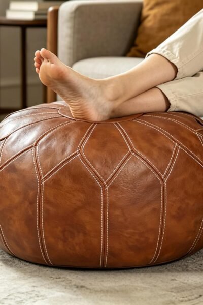 Round unstuffed pouf cover, faux leather storage ottoman, boho Moroccan foot stool, no filling included.