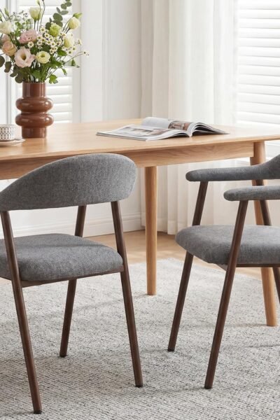 Dining chairs set of 2, linen fabric upholstered, curved back, metal legs, modern farmhouse style, for kitchen, living room, cafe.
