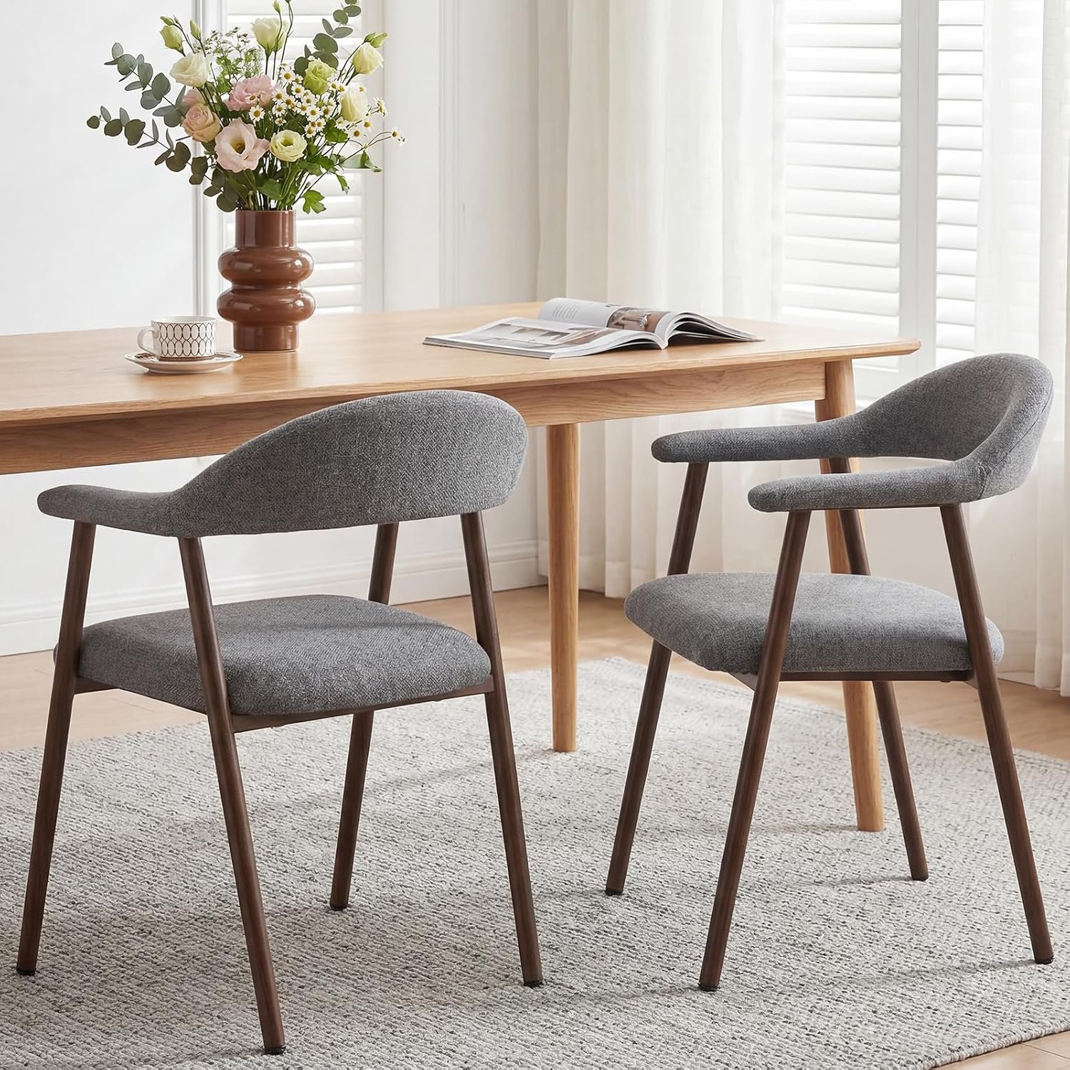 Dining chairs set of 2, linen fabric upholstered, curved back, metal legs, modern farmhouse style, for kitchen, living room, cafe.