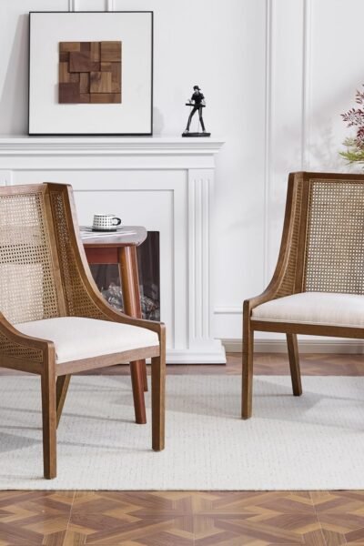 Dining chairs set of 2, fabric upholstery, rubberwood frame, cane webbing, extra seat, for dining room.