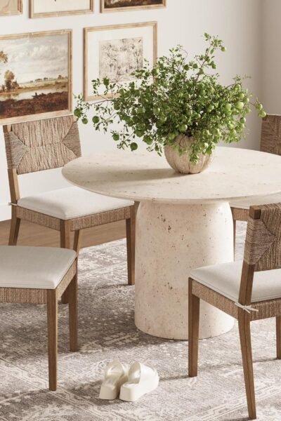 Dining chairs set of 4, boucle upholstery, seagrass accent, solid wood legs, boho style, for dining room.