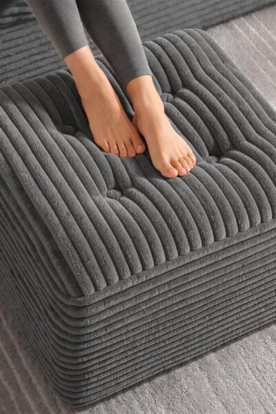 Corduroy pouf ottoman, dual-layer support with soft foam top and firm foam base, foot rest seat for living room.
