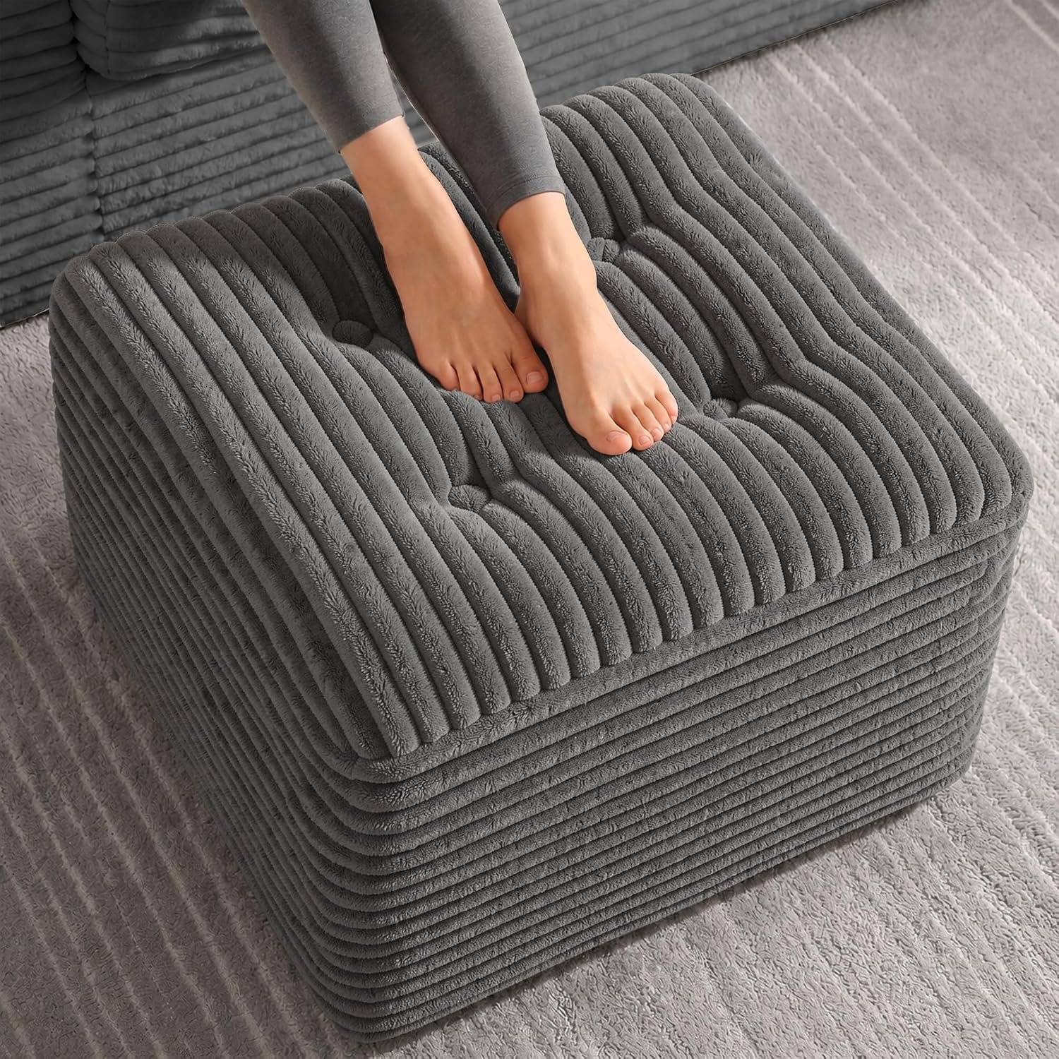 Corduroy pouf ottoman, dual-layer support with soft foam top and firm foam base, foot rest seat for living room.