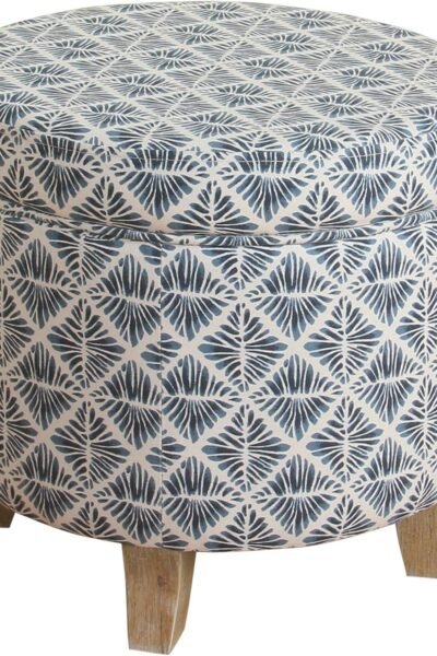 Round storage ottoman, upholstered with flared legs, for living room bedroom.